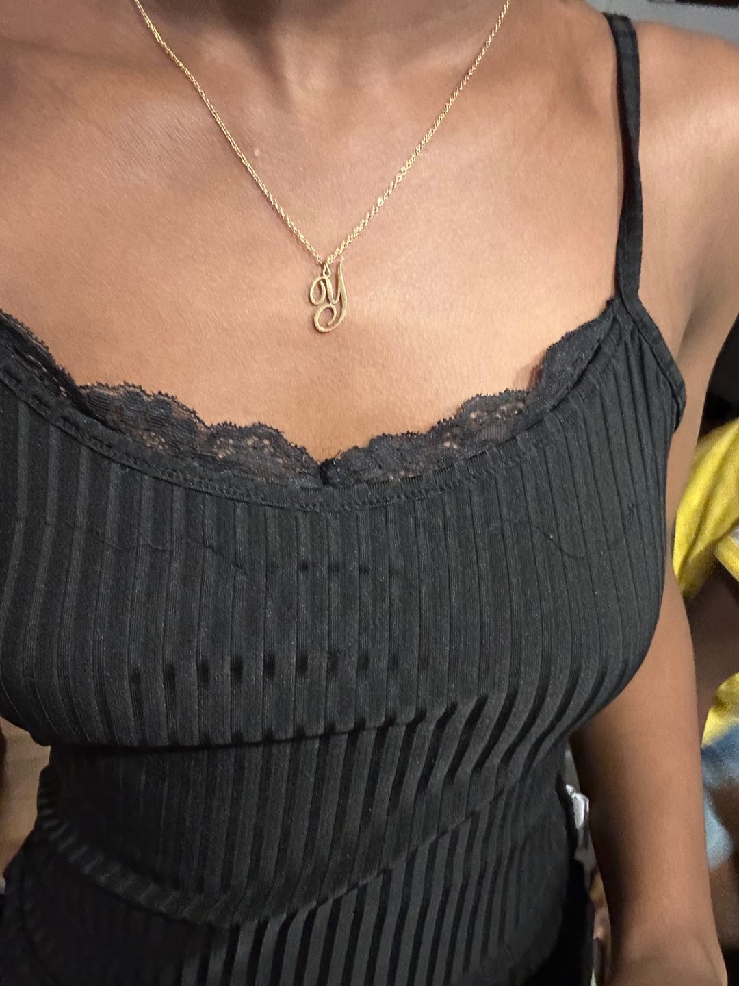 Customer photo review of Dainty Initial Script Necklace