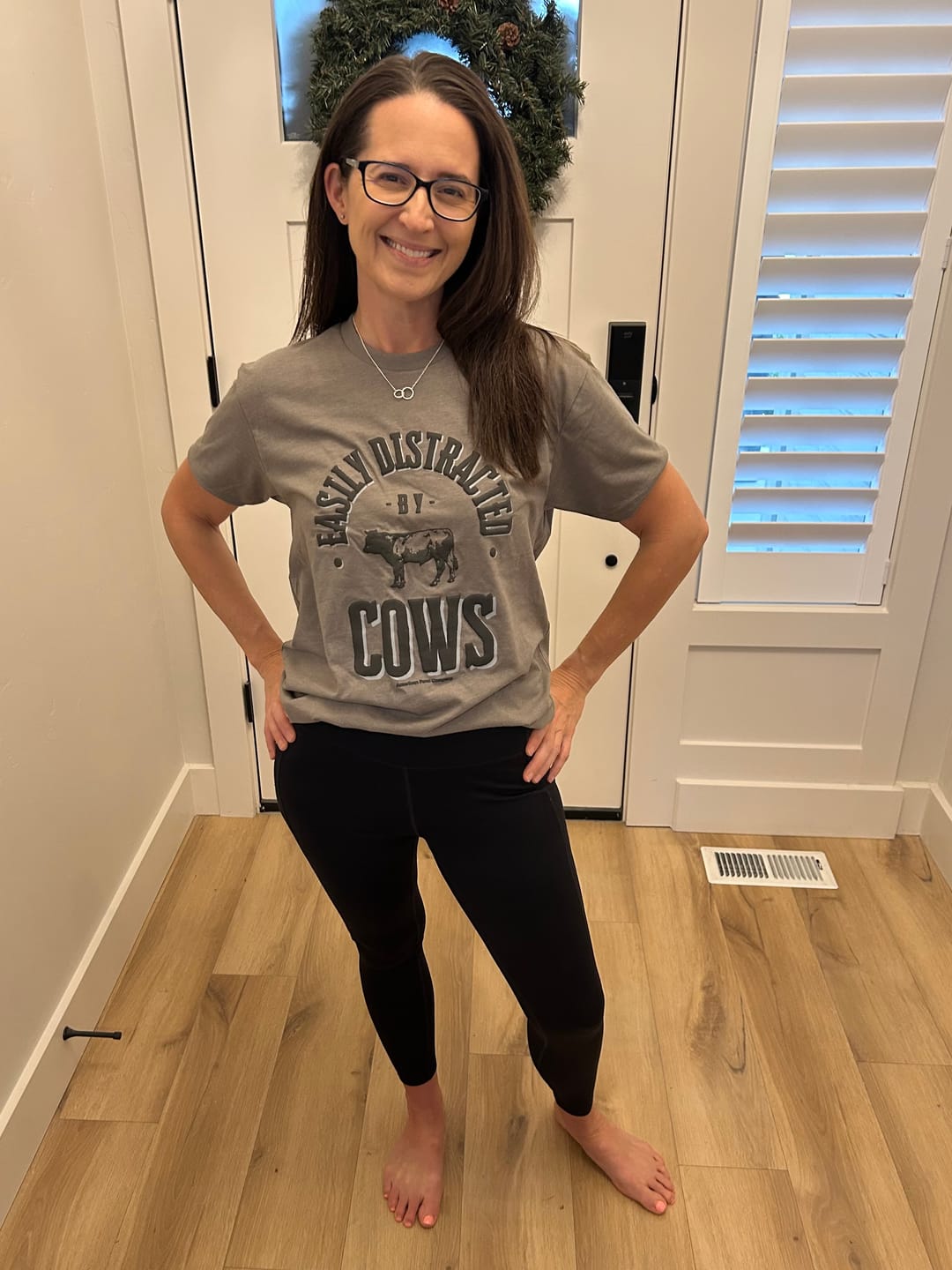 Customer photo review of Easily Distracted by Cows Taupe Tee