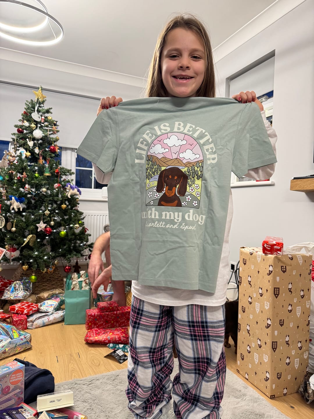 Customer photo review of Personalised Life is Better with your dog t-shirt