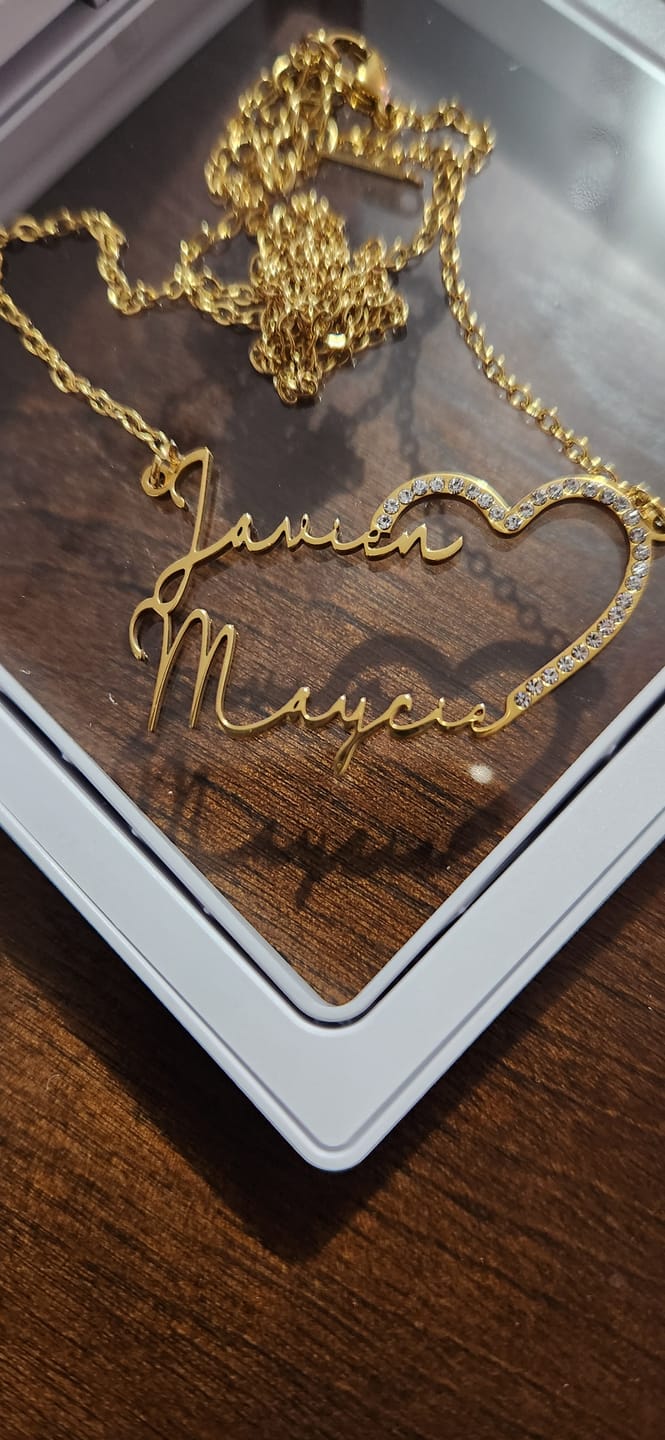 Customer photo review of Iced Heart Double Script Name Necklace
