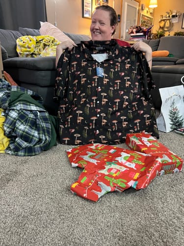 Customer photo review of Episodic Autumn Mushrooms Space Button Up Shirt