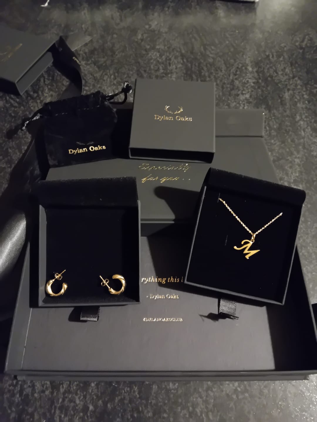 Customer photo review of M Script Initial Necklace in Gold + FREE Allure Earrings in Gold