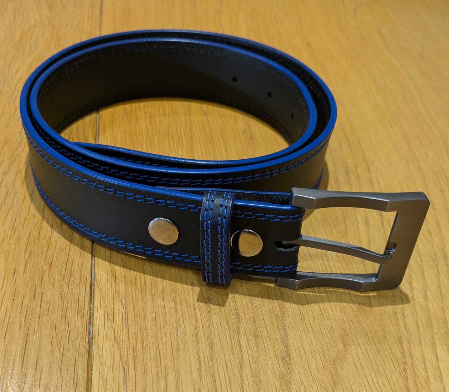 Customer photo review of The Poseidon Belt - Black Full Grain Leather Belt with Blue Stitches