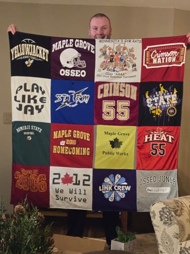 T-shirt quilt featuring maple grove crimson, osseo yellowjackets by Linda from MN