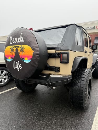 Customer photo review of Beach Life Sunglasses Sunset Tropical Spare Tire Cover for Jeep, Bronco, RV & More