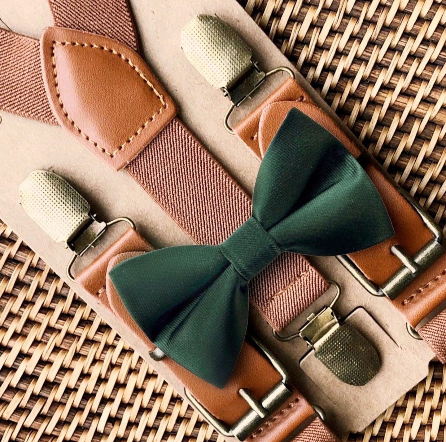 Customer photo review of Emerald Green Satin Bow Tie & Cognac Buckle Suspenders Set