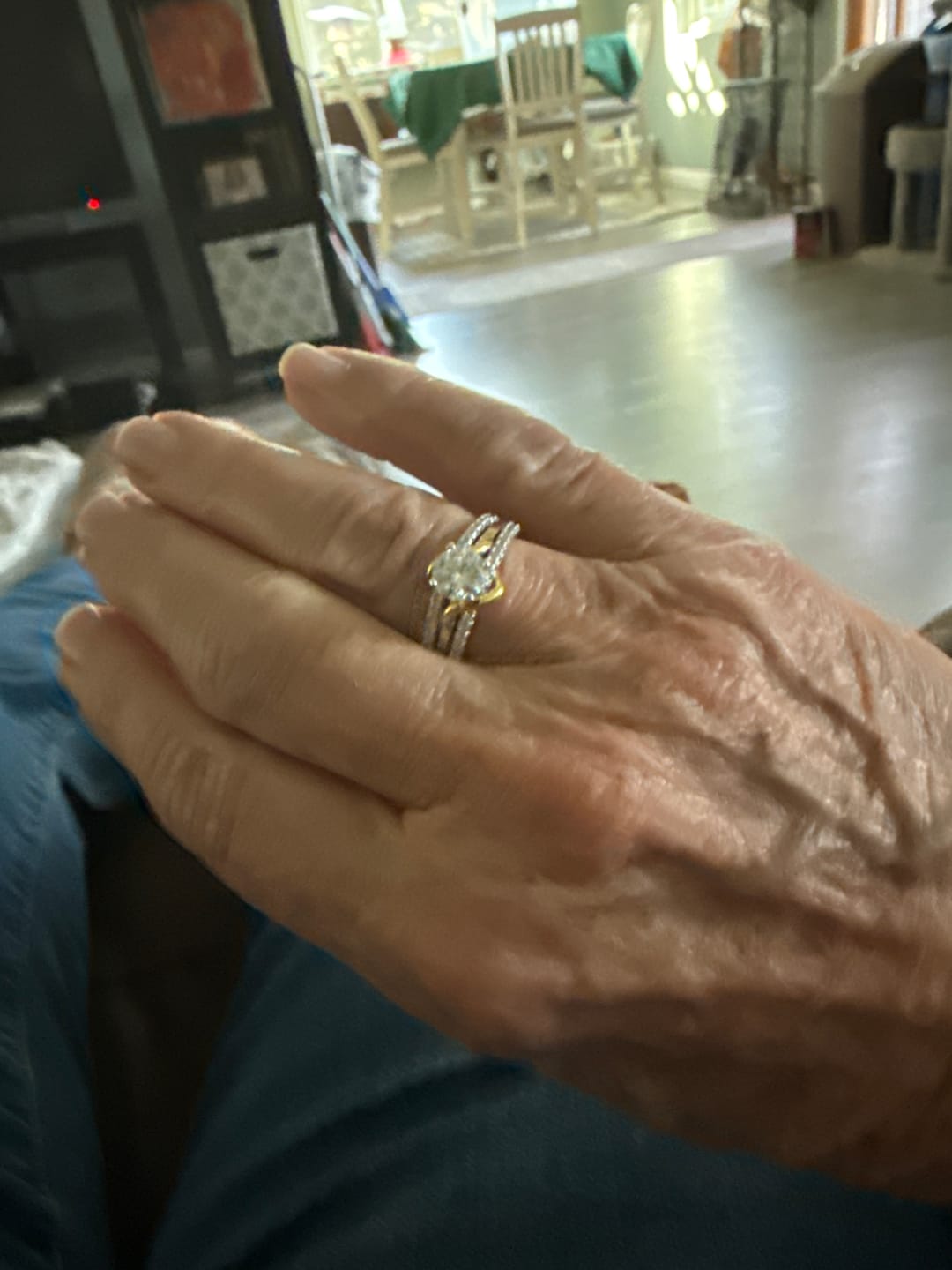 Customer photo review of Round Moissanite Two Tone Vine Split Shank Pave Engagement Ring