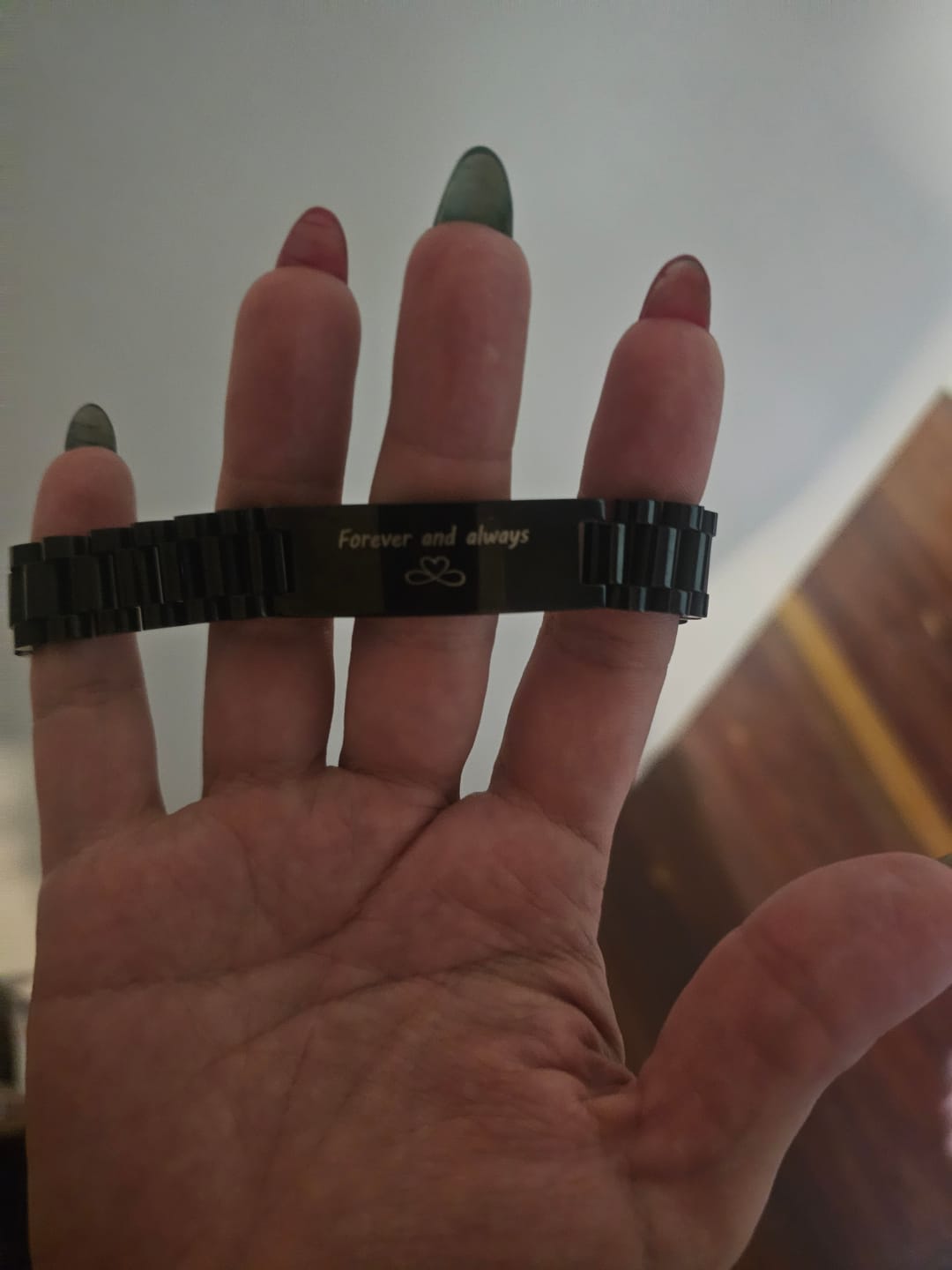 Customer photo review of Black Stainless Steel Men’s Bracelet with Engraving