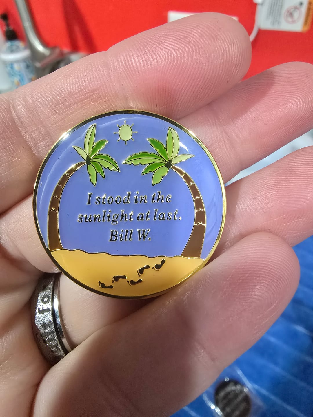 Customer photo review of 12 Year Beach Themed Specialty Tri-Plated AA Recovery Medallion - Twelve Year Chip/Coin + Velvet Case