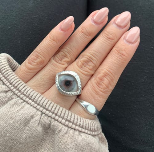 Customer photo review of Hammered Hand Painted lavender Silver Eye Ring