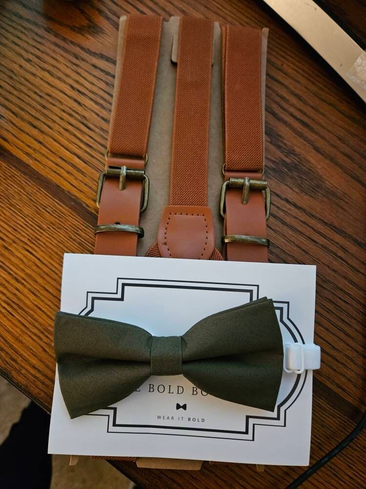Customer photo review of Olive Bow Tie & Cognac Buckle Suspenders Set