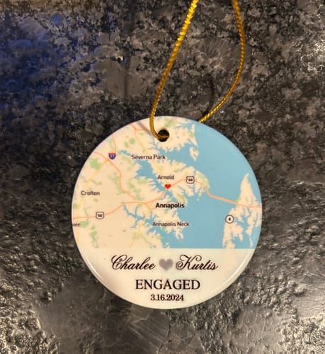 Customer photo review of Engagement Ornament - Custom Map Gift Ceramic Ornament