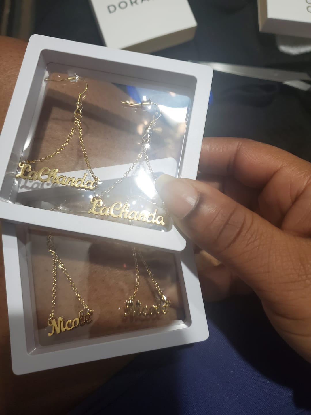 Customer photo review of Name Dangle Earrings