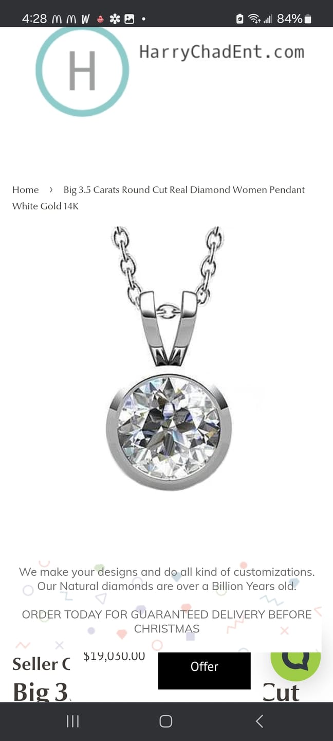 Customer photo review of Big Round Cut Mined Diamond Necklace Pendant 3.5 Carats White Gold 14K