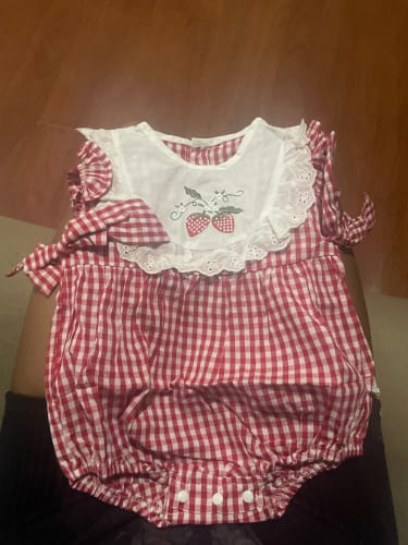 Customer photo review of Strawberry Plaid Embroidered Jumpsuit
