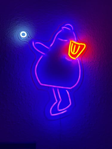 Customer photo review of Purple Mascot First Pitch Neon Sign