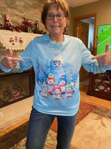 Customer photo review of Christmas Blue Vibe Snowman Grandma Mom Colorful Kids Personalized Sweatshirt