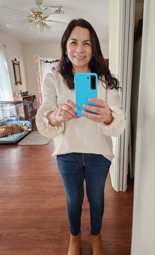 Customer photo review of Swiss Dot Cinched Sleeve Blouse