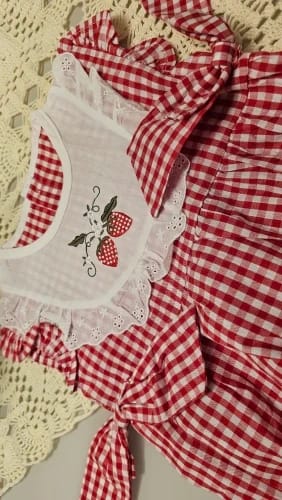 Customer photo review of Strawberry Plaid Embroidered Jumpsuit