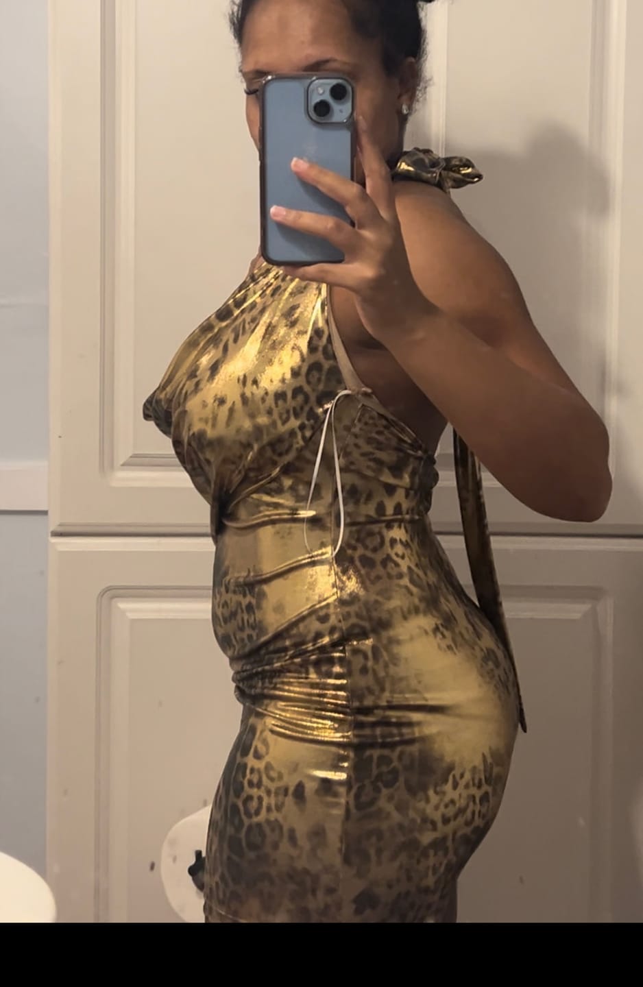 Customer photo review of Amika Cowl Neck Foil Print Mini Dress