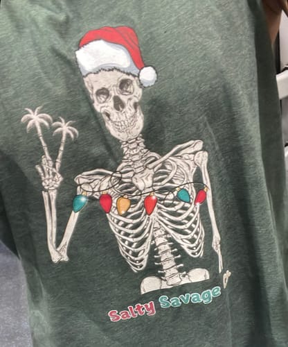Customer photo review of Ladies "Holiday Peace Skeleton" Flowy Crop Tank