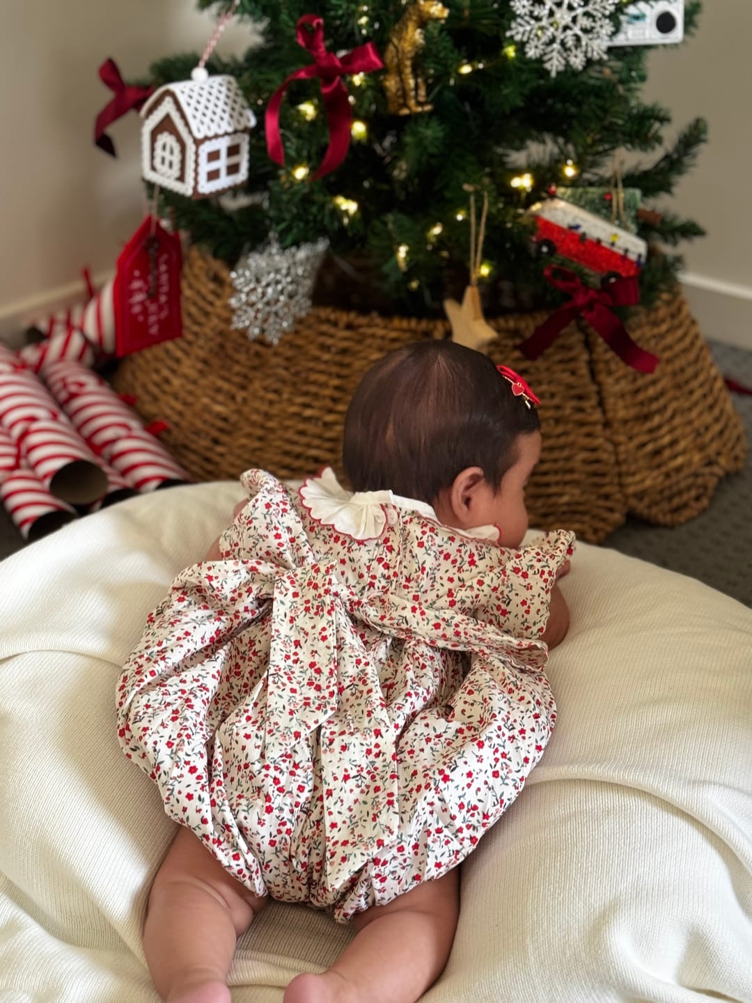 Customer photo review of Red Floral Hand-Smocked  Romper