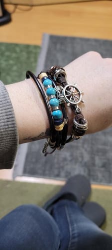 Customer photo review of Tibetan Stone Feather Bracelet Leatherette Luck Bead Charms Bracelet