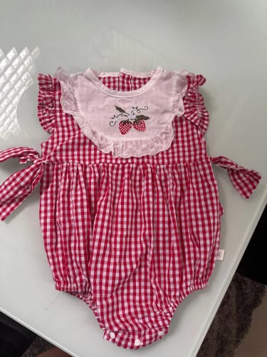 Customer photo review of Strawberry Plaid Embroidered Jumpsuit