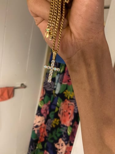 Customer photo review of 4MM CZ Iced Out 1 Row Tennis Cross + Rope Chain Stainless Steel