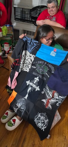 T-shirt quilt with music, art themes by Vincent from NY