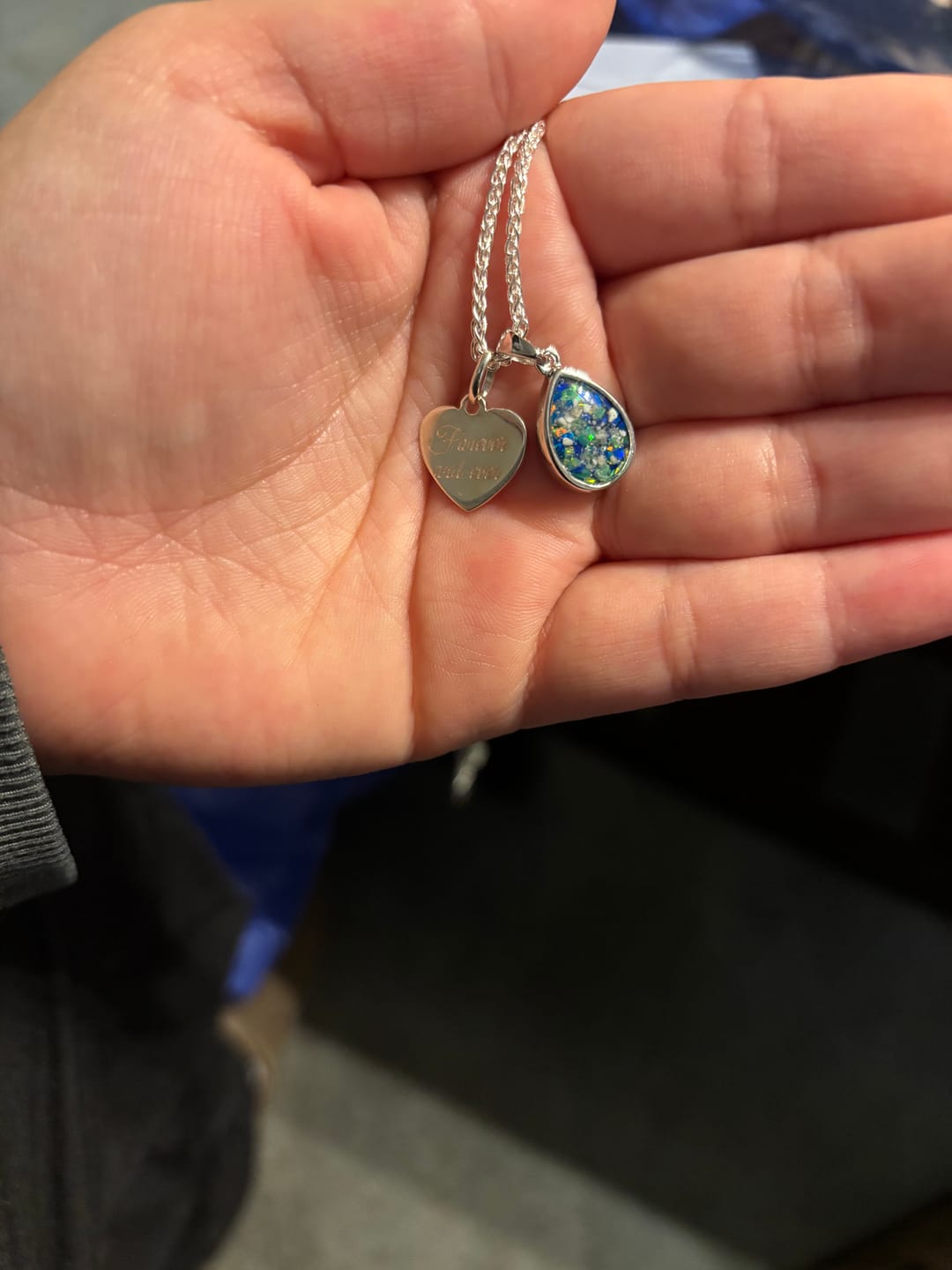 Customer photo review of Petite Pear Drop with Cremation Ashes