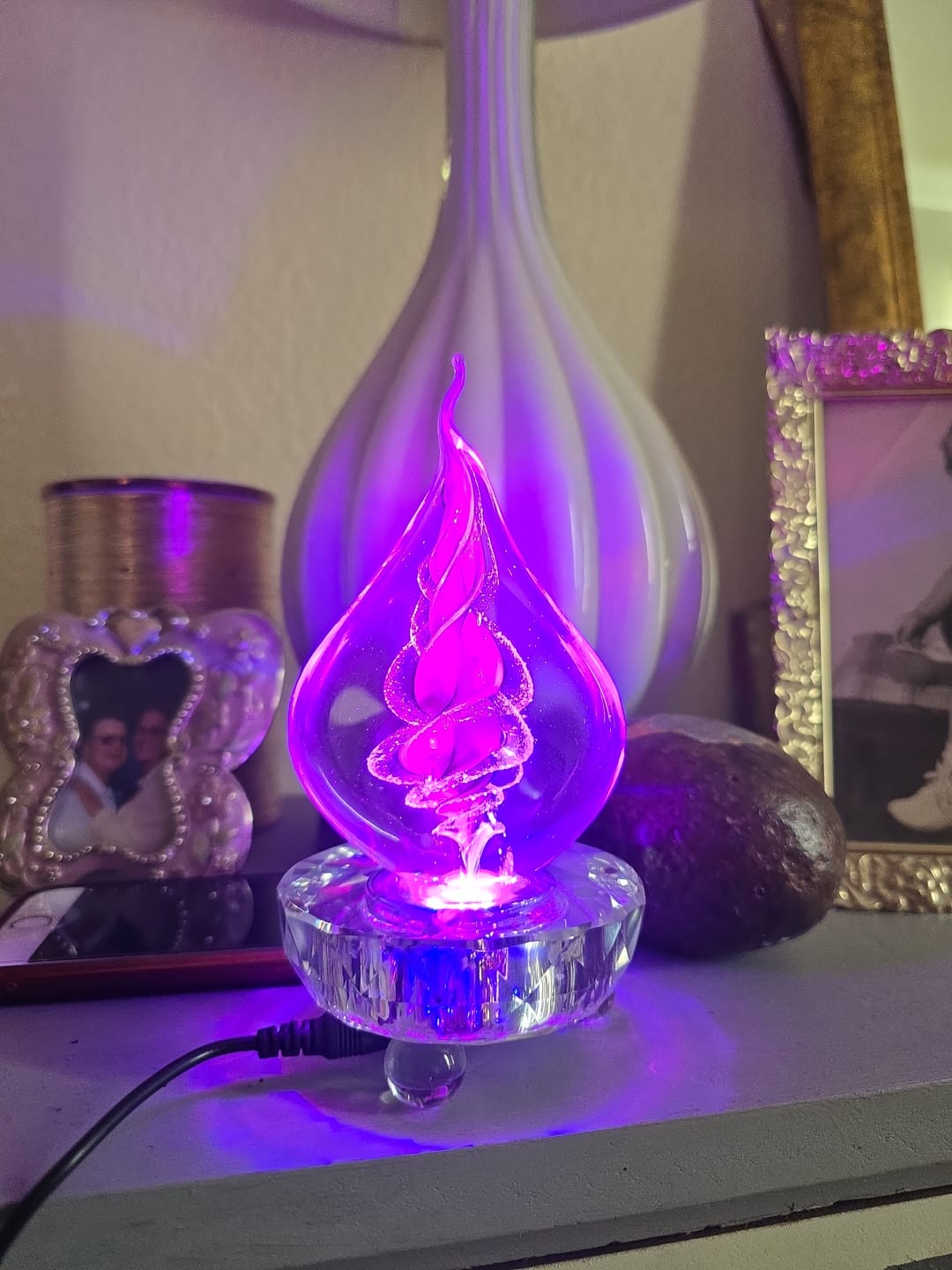 Customer photo review of Illuminated Memorial Glass Flame with Cremation Ashes