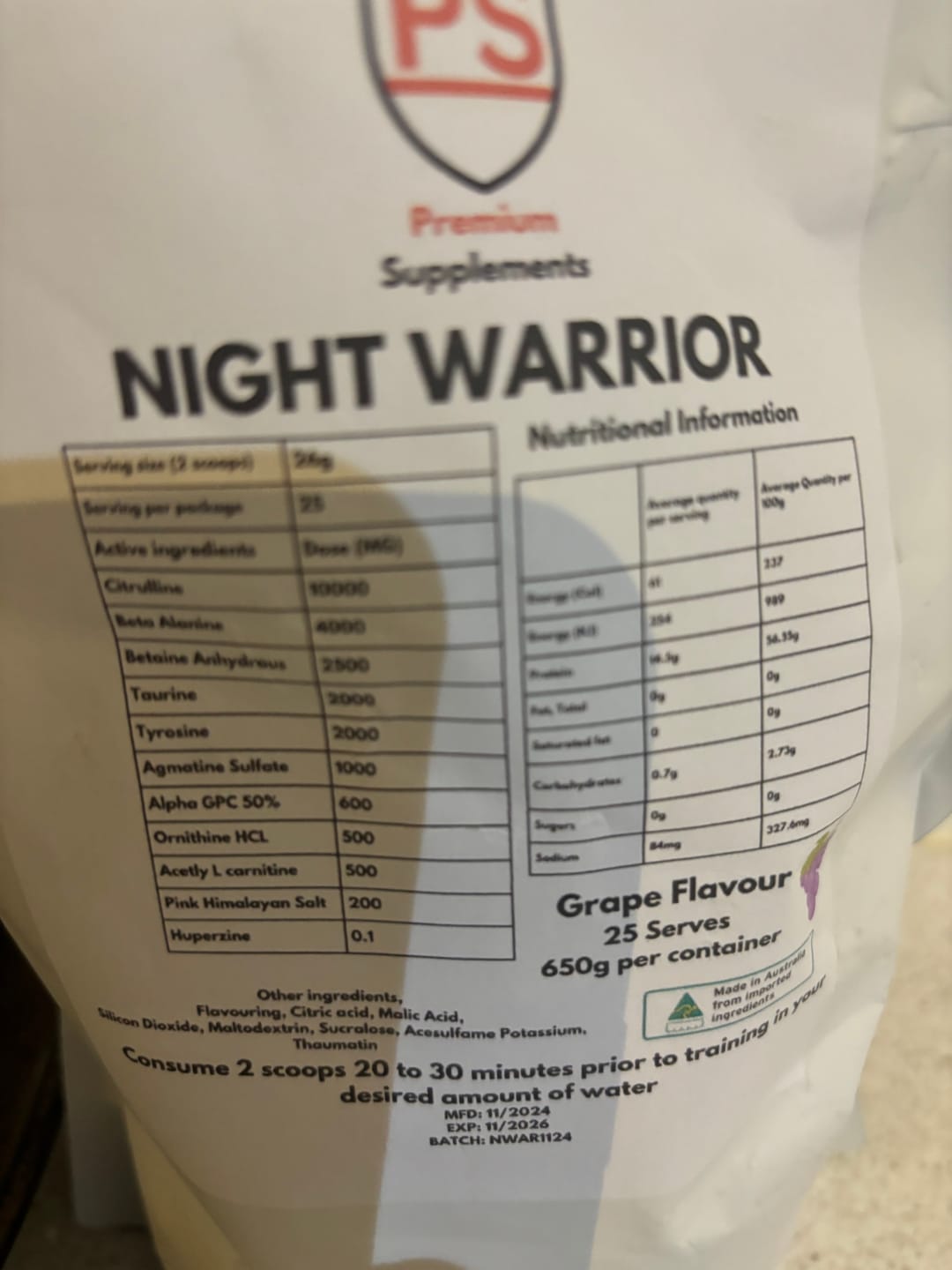 Customer photo review of Night warrior Caffeine-free Pre-workout