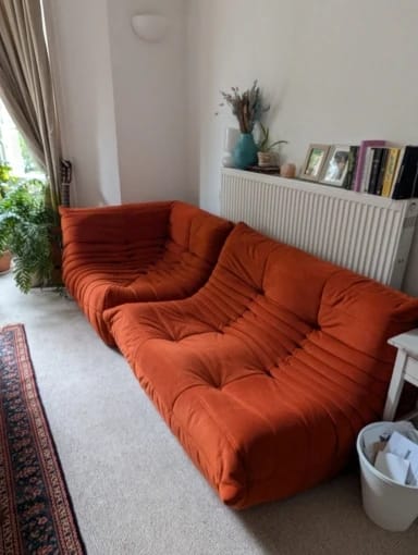 Customer photo review of Togo Couch: Red, Black, Brown, Orange, Pink Corduroy