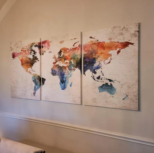 Customer photo review of Push Pin World Map Wall Art Canvas Print