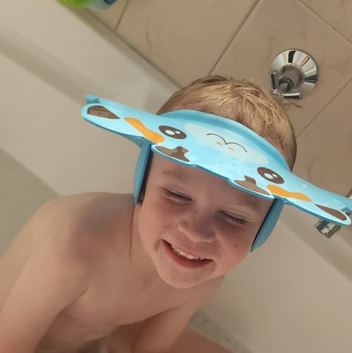 Customer photo review of Adjustable Toddler and Baby Shower Headband Eye Shield