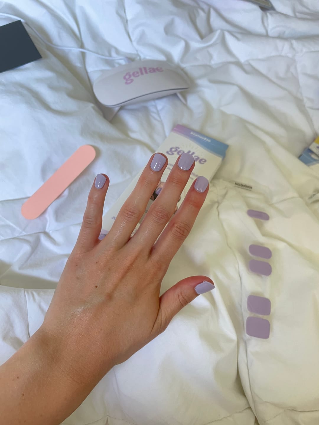 Customer photo review of Wisteria Purple DIY Semicured Gel Nail Sticker Kit