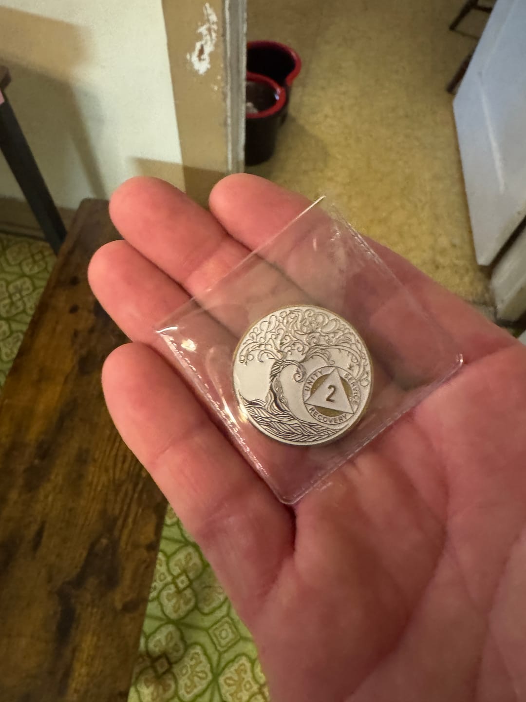 Customer photo review of 2 Year Sobriety Mint Twisted Tree of Life Gold Plated AA Recovery Medallion - Two Year Chip/Coin - White