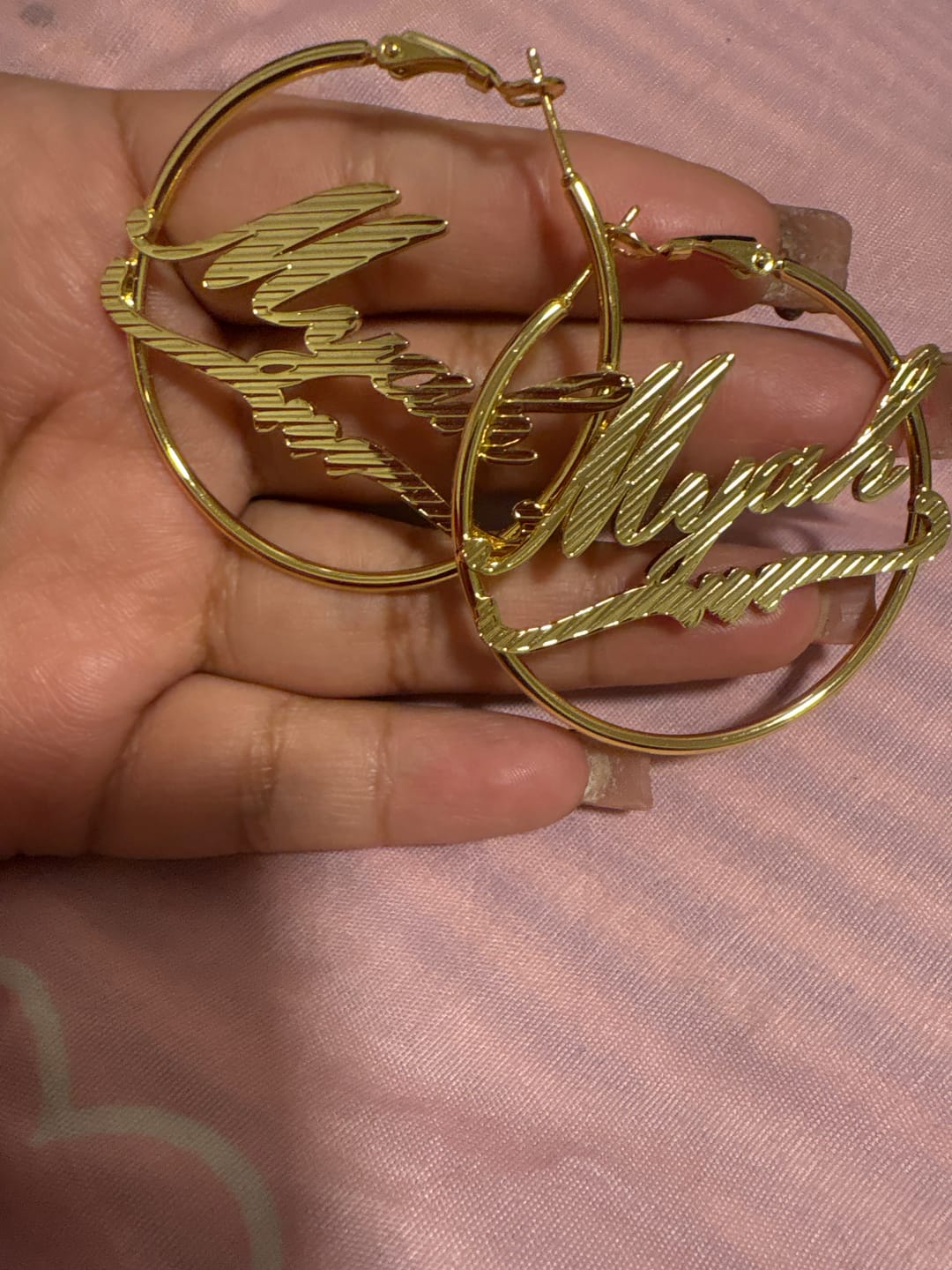 Customer photo review of Classic Heart Name Hoop Earrings