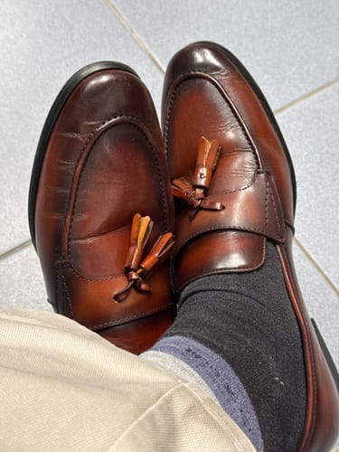 Customer photo review of Tassel Loafer Wing Strap - Cognac Tan (Hand Painted Patina)