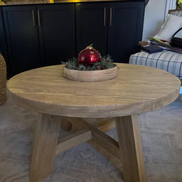Customer photo review of Amber Round Farmhouse Coffee Table - Solid Pine Wood