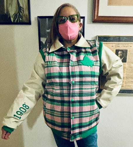 Customer photo review of AKA VARSITY JACKET- LEATHER SLEEVES