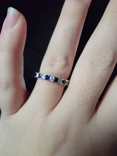 Customer photo review of Alternating Princess Moissanite And Sapphire Half Eternity Wedding Band Ring