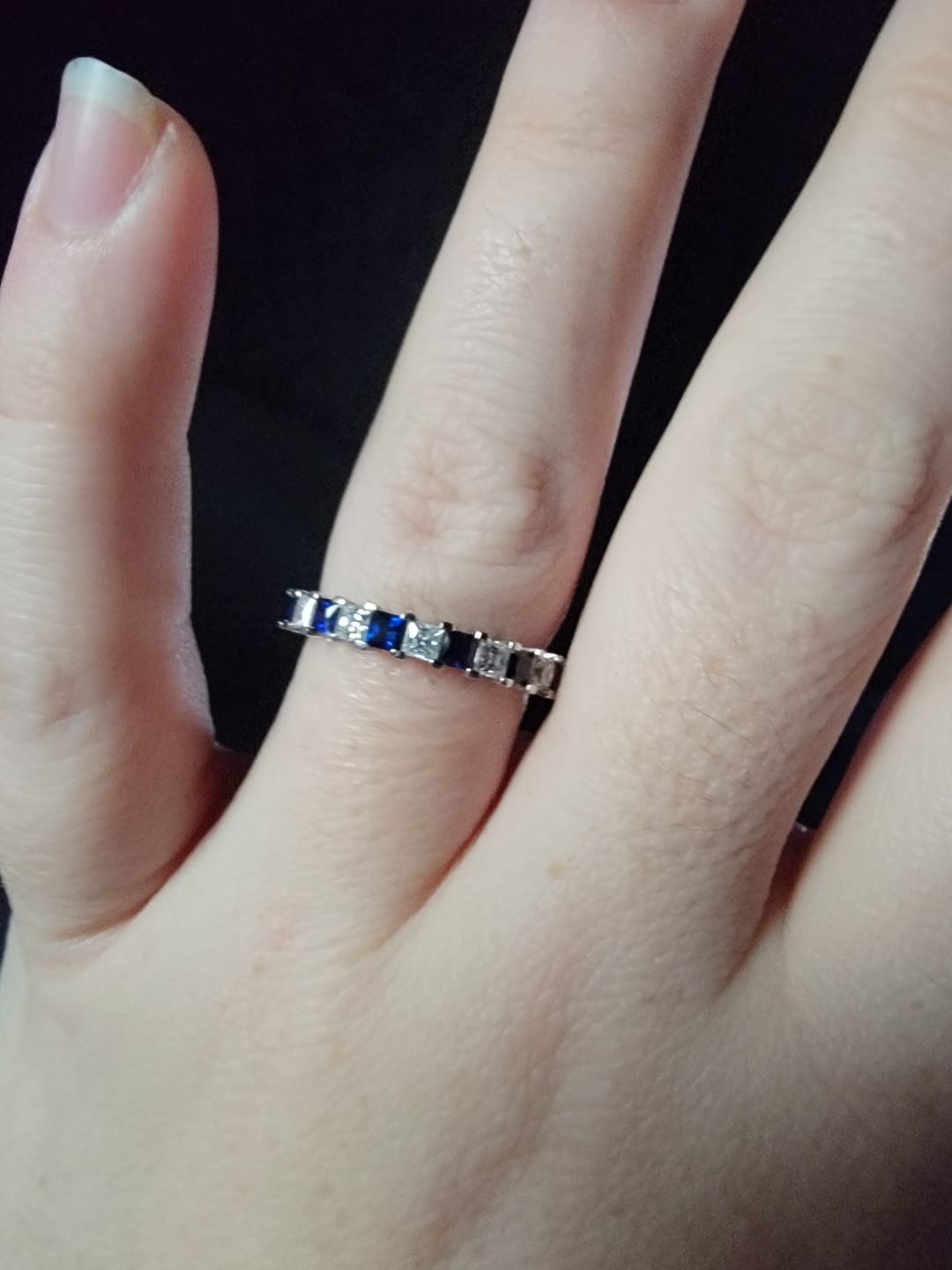 Customer photo review of Alternating Princess Moissanite And Sapphire Half Eternity Wedding Band Ring