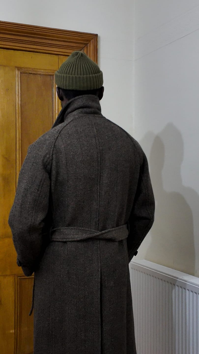 Customer photo review of 1920s Brown Herringbone Tweed Balmacaan Coat