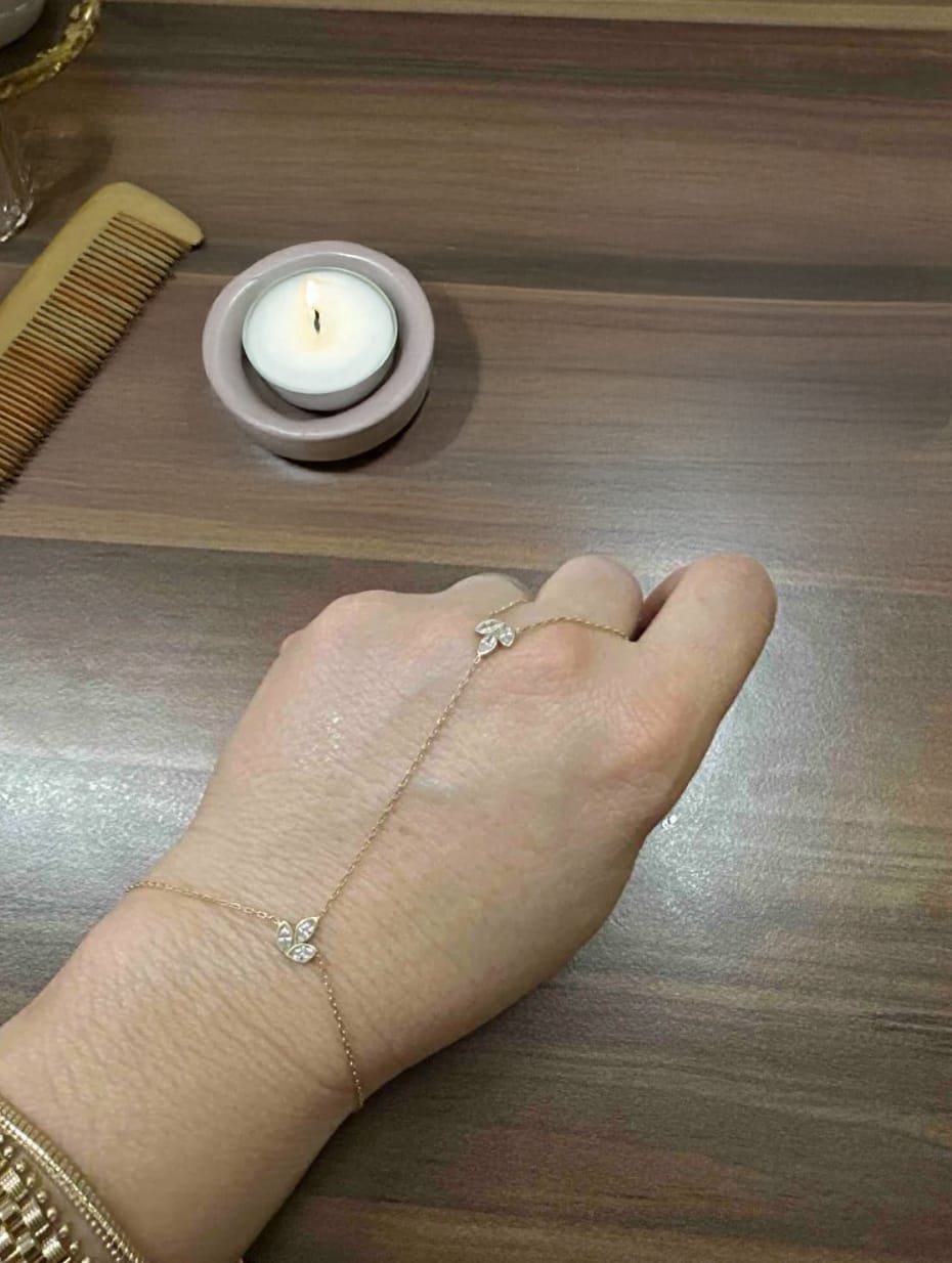 Customer photo review of Silver Handlet Gemstone Lotus Bracelet with Chain Ring