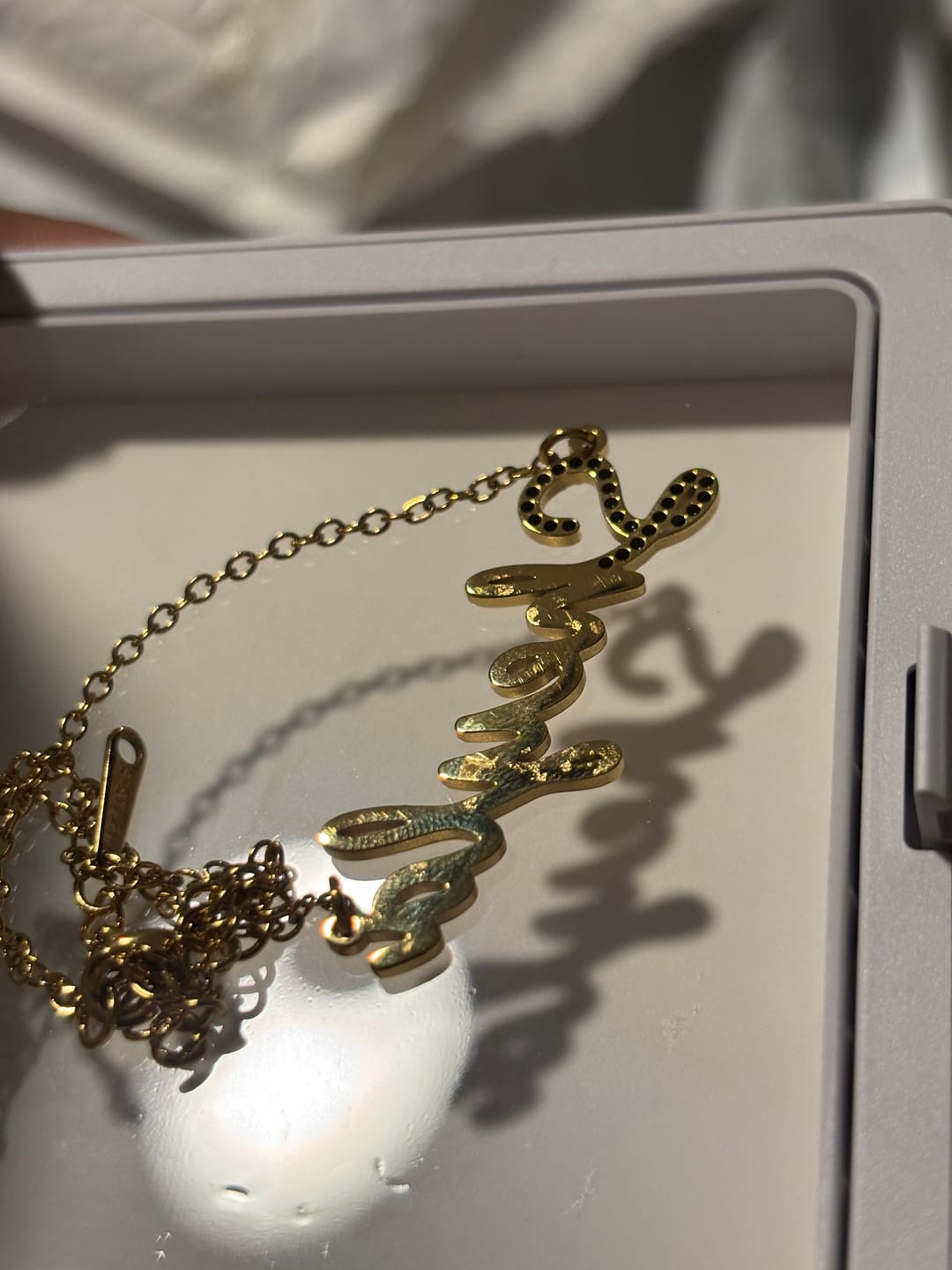 Customer photo review of Iced Letter Script Name Necklace