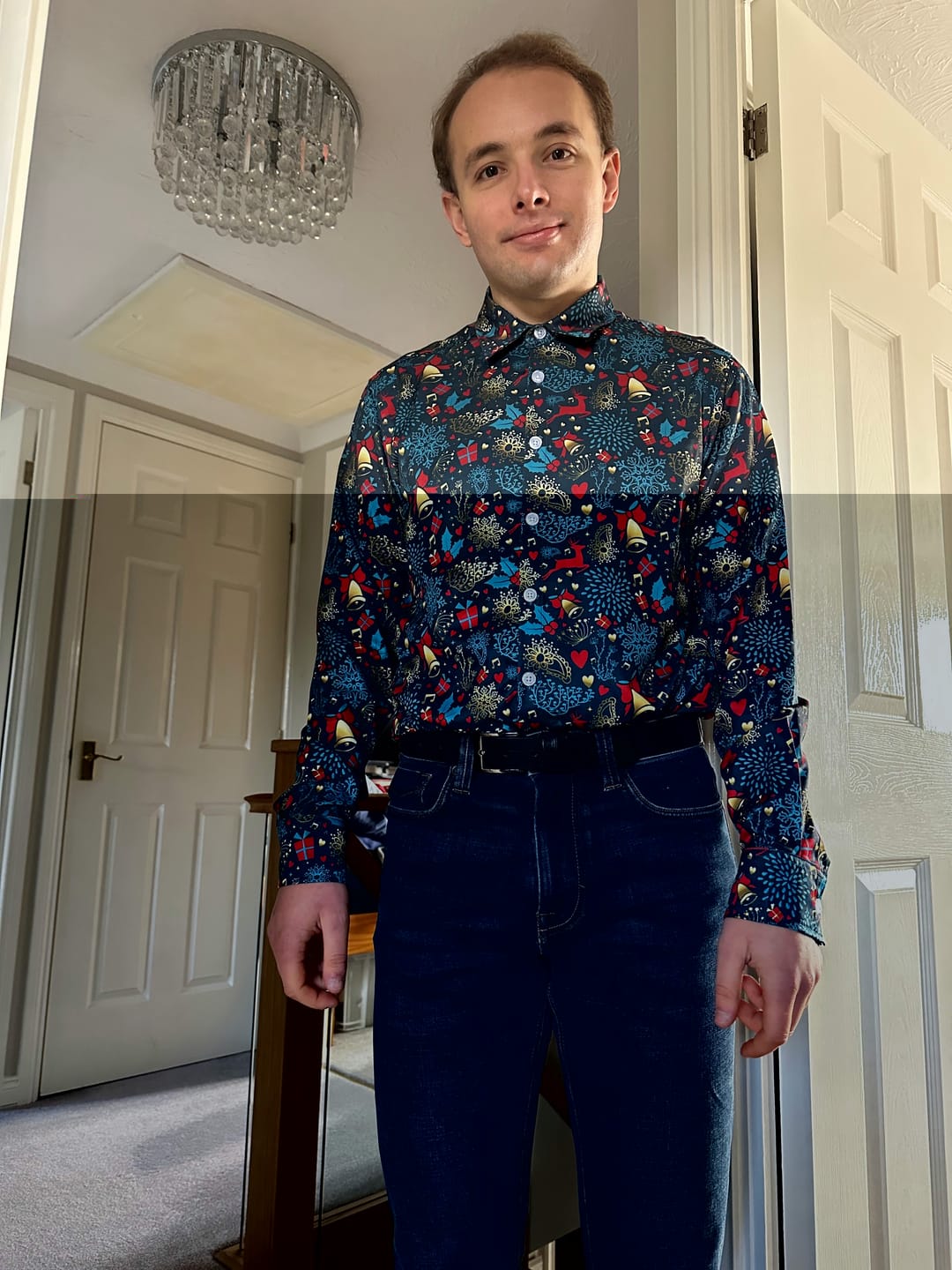 Customer photo review of Men's Christmas Reindeer Funny Xmas Themed Long Sleeve Shirt