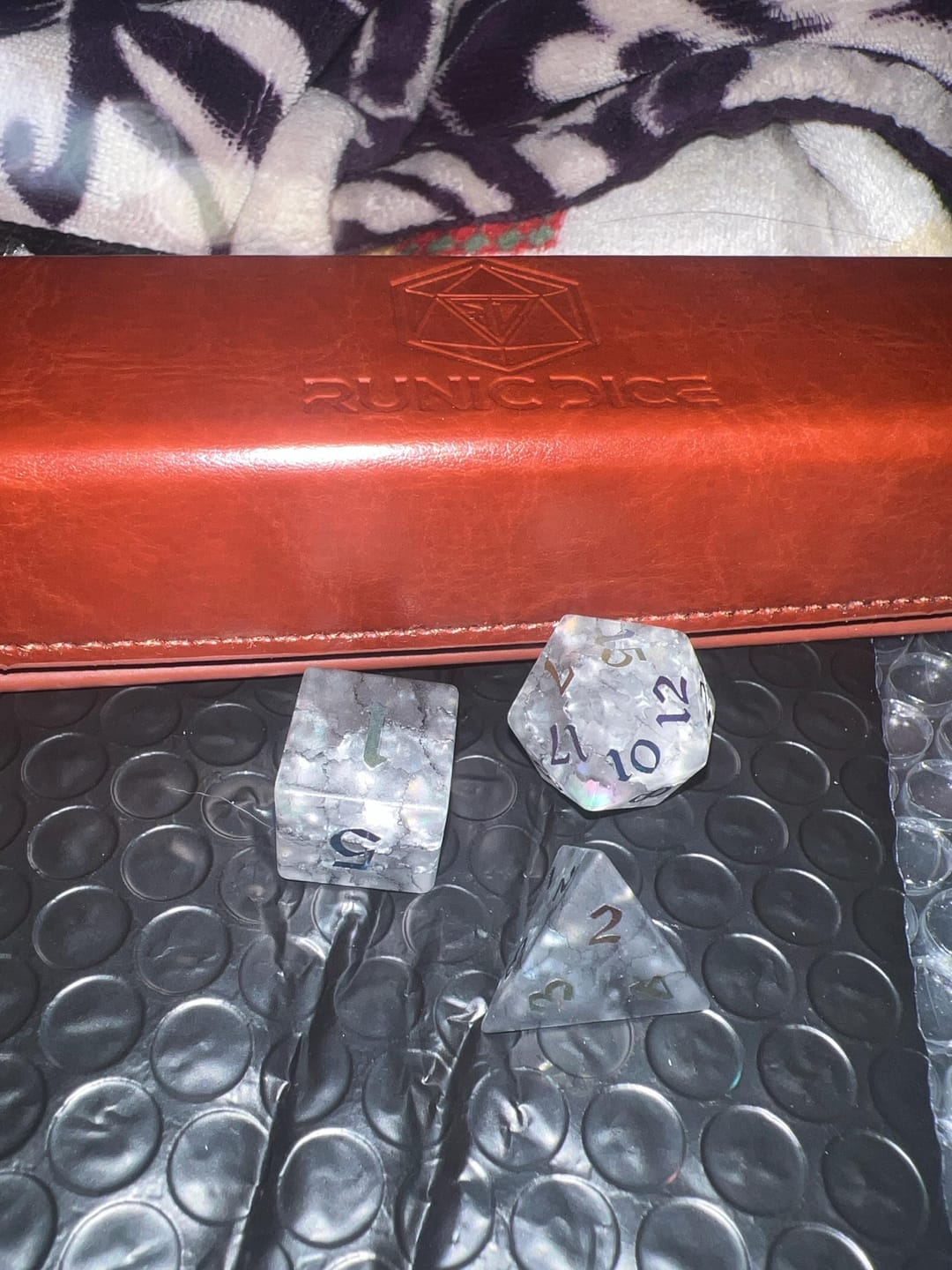 Customer photo review of Black Inked Lightning Cracked Glass DND Dice Set