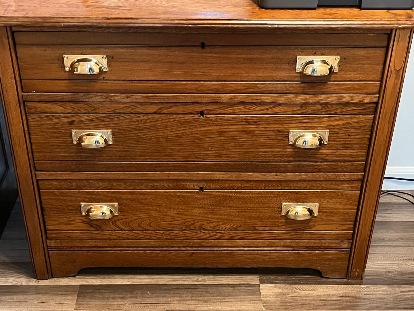 Customer photo review of 4" Rectangle Bin Pulls - Unlacquered Polished Brass